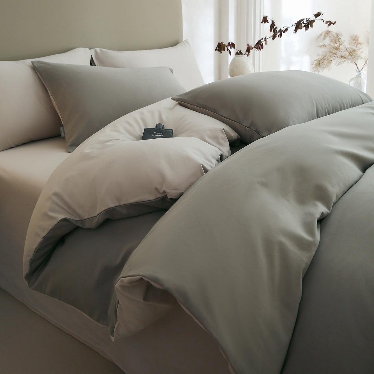 91家纺网 家纺一手货源 找家纺 梧桐树 2025新款纯色双拼100%棉磨毛全棉纯棉四件套 烟墨灰