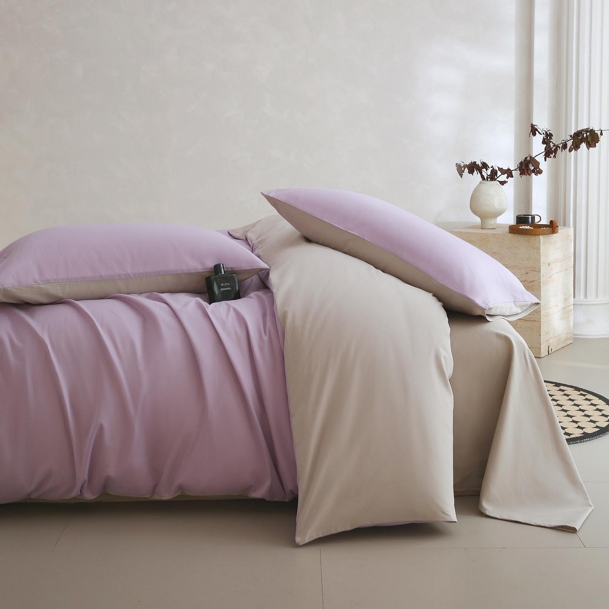 91家纺网 家纺一手货源 找家纺 梧桐树 2025新款纯色双拼100%棉磨毛全棉纯棉四件套 紫粟灰