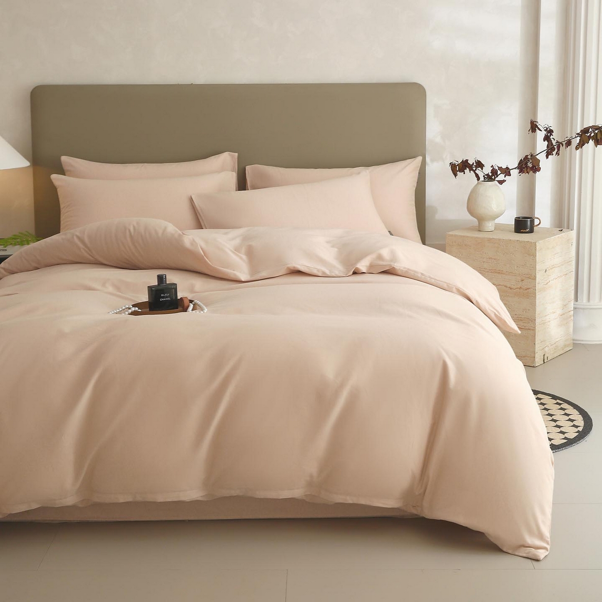 91家纺网 家纺一手货源 找家纺 梧桐树 2025新款纯色双拼100%棉磨毛全棉纯棉四件套 山茶杏