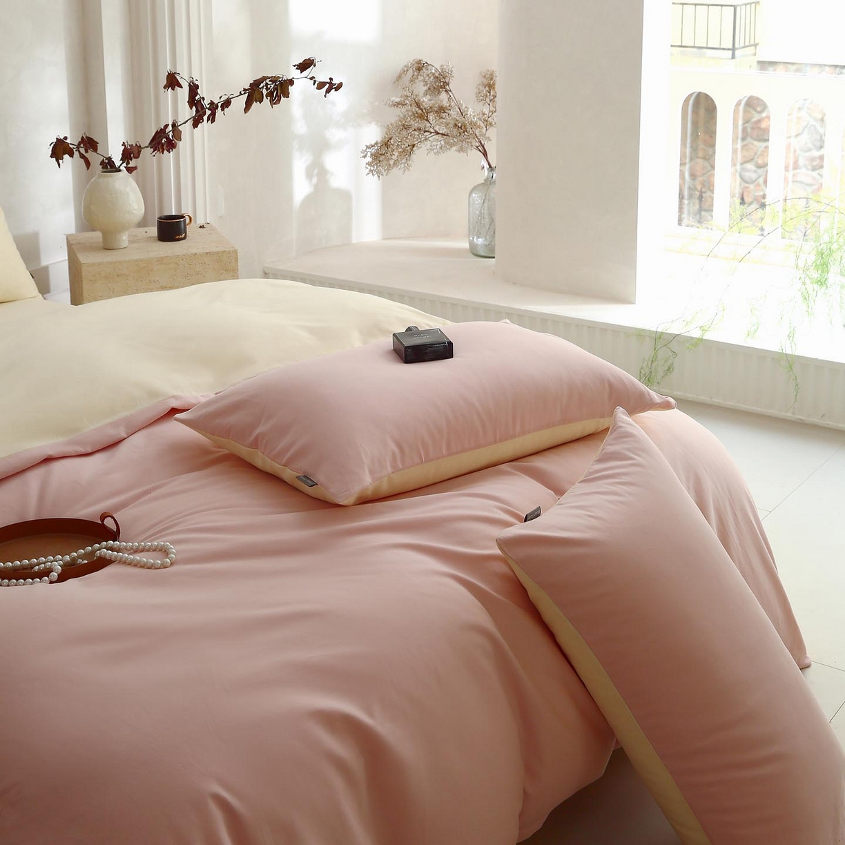 91家纺网 家纺一手货源 找家纺 梧桐树 2025新款纯色双拼100%棉磨毛全棉纯棉四件套 樱雪黄