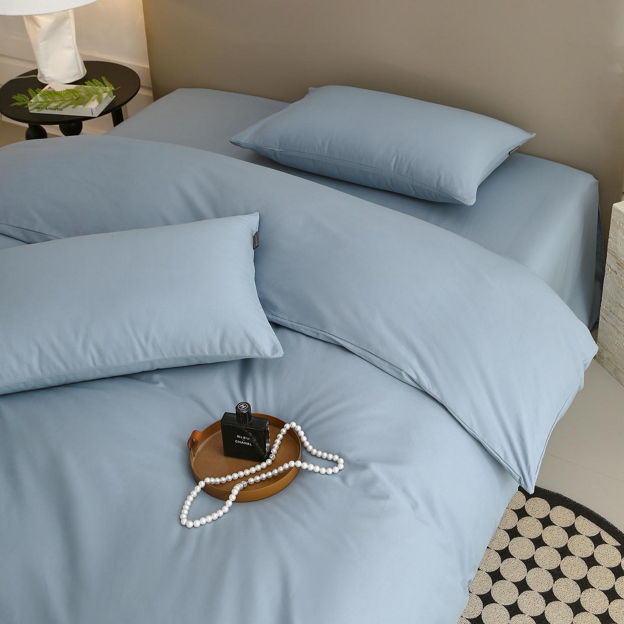 91家纺网 家纺一手货源 找家纺 梧桐树 2025新款纯色双拼100%棉磨毛全棉纯棉四件套 南极蓝