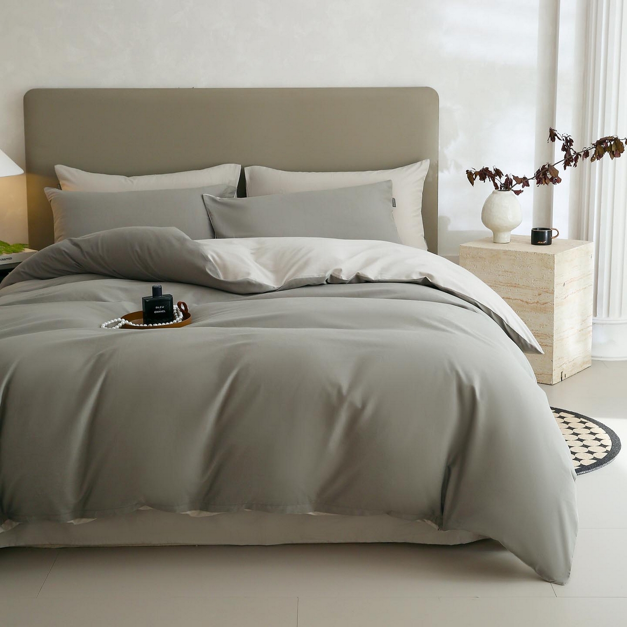 91家纺网 家纺一手货源 找家纺 梧桐树 2025新款纯色双拼100%棉磨毛全棉纯棉四件套 烟墨灰