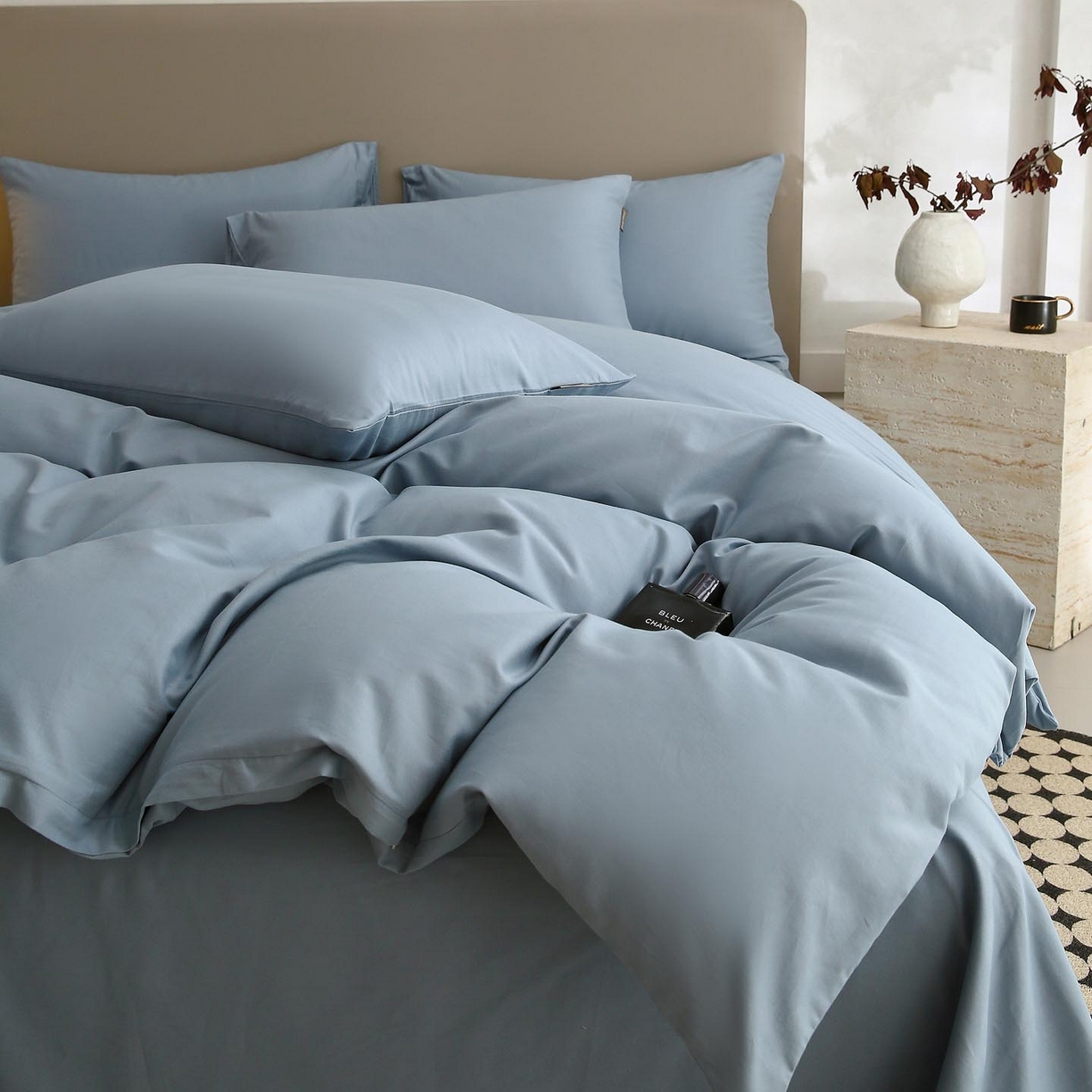 91家纺网 家纺一手货源 找家纺 梧桐树 2025新款纯色双拼100%棉磨毛全棉纯棉四件套 南极蓝