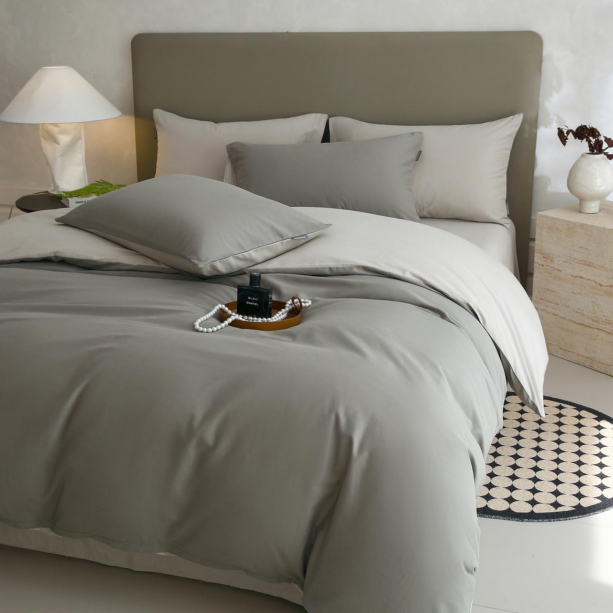 91家纺网 家纺一手货源 找家纺 梧桐树 2025新款纯色双拼100%棉磨毛全棉纯棉四件套 烟墨灰