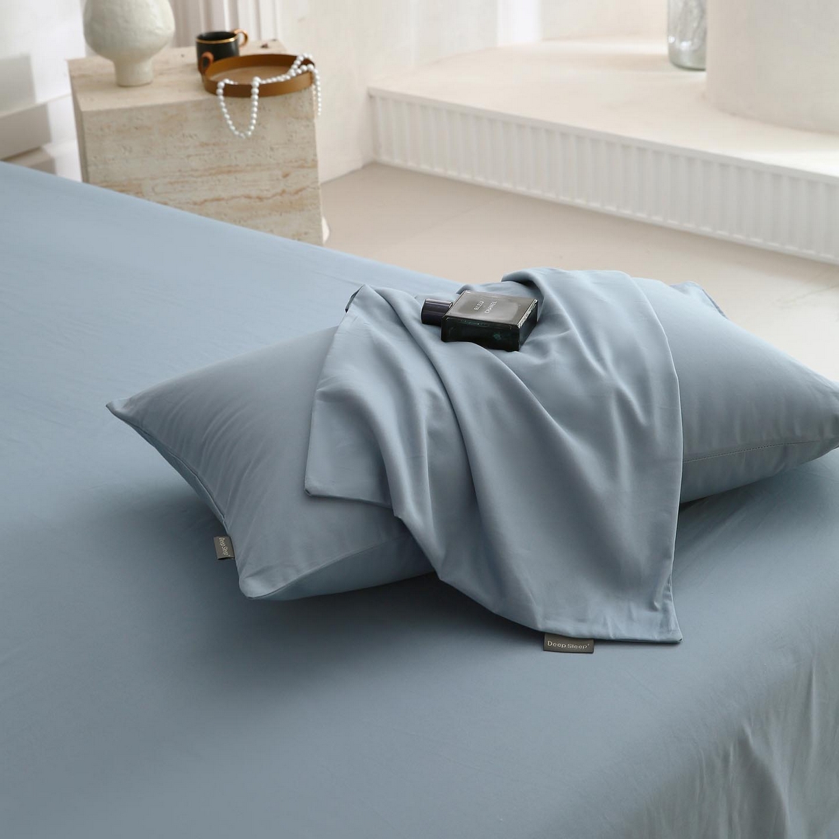 91家纺网 家纺一手货源 找家纺 梧桐树 2025新款纯色双拼100%棉磨毛全棉纯棉四件套 南极蓝