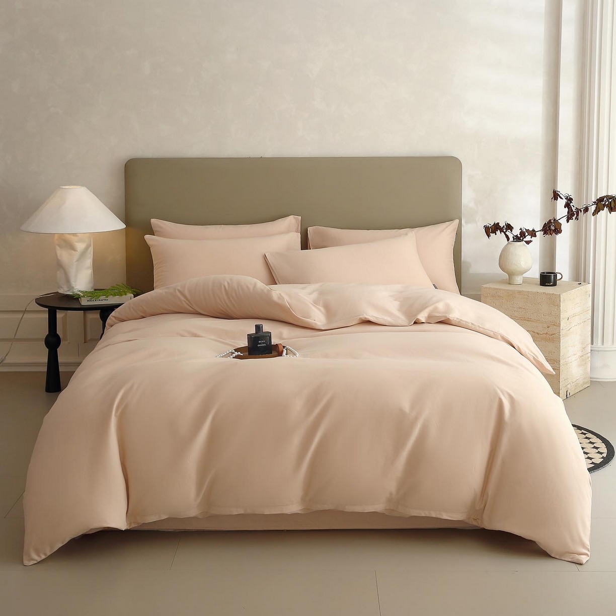 91家纺网 家纺一手货源 找家纺 梧桐树 2025新款纯色双拼100%棉磨毛全棉纯棉四件套 山茶杏