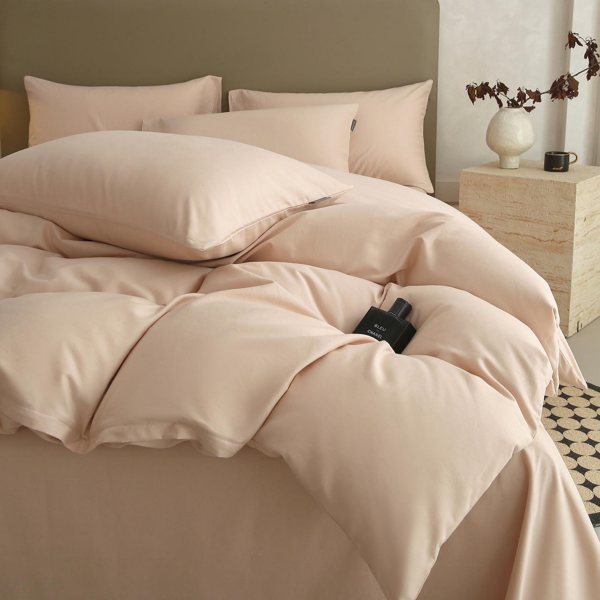 91家纺网 家纺一手货源 找家纺 梧桐树 2025新款纯色双拼100%棉磨毛全棉纯棉四件套 山茶杏