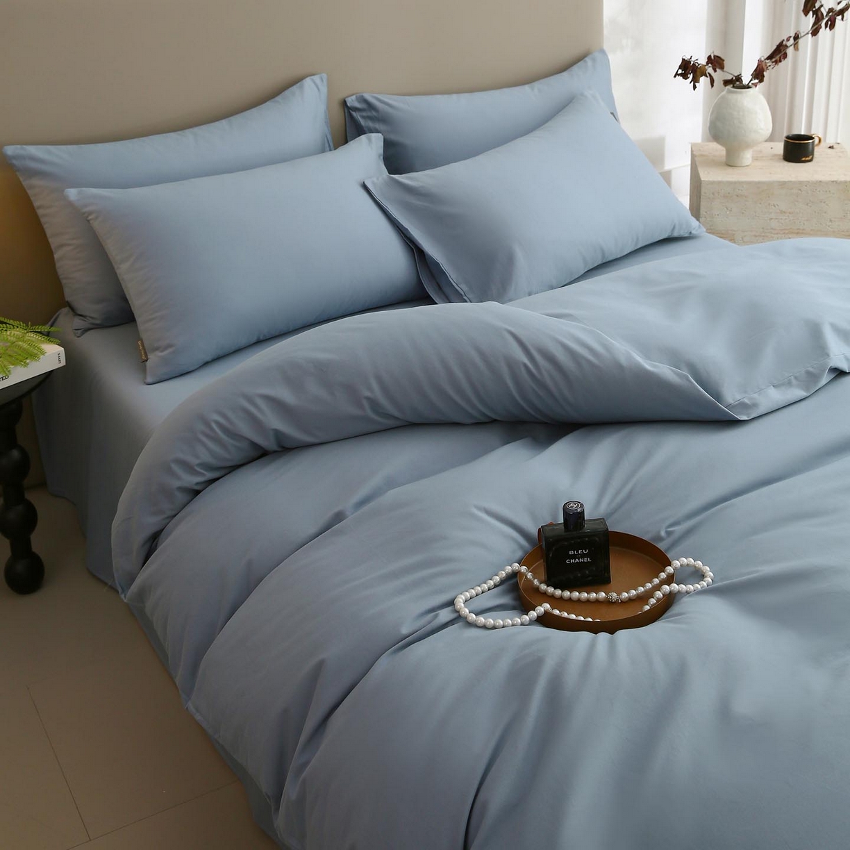 91家纺网 家纺一手货源 找家纺 梧桐树 2025新款纯色双拼100%棉磨毛全棉纯棉四件套 南极蓝