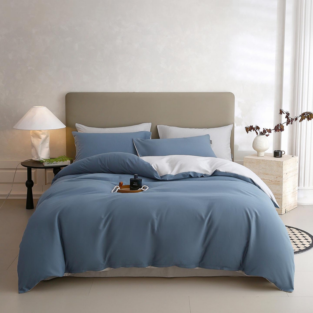 91家纺网 家纺一手货源 找家纺 梧桐树 2025新款纯色双拼100%棉磨毛全棉纯棉四件套 蓝韵雾纱