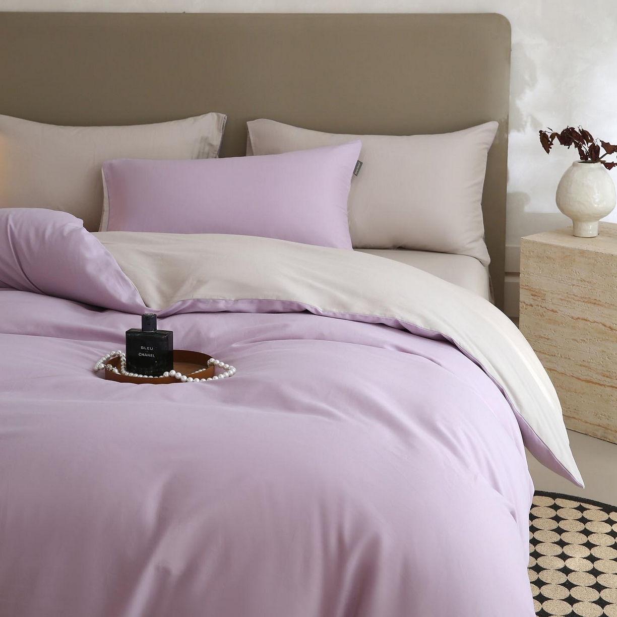 91家纺网 家纺一手货源 找家纺 梧桐树 2025新款纯色双拼100%棉磨毛全棉纯棉四件套 紫粟灰