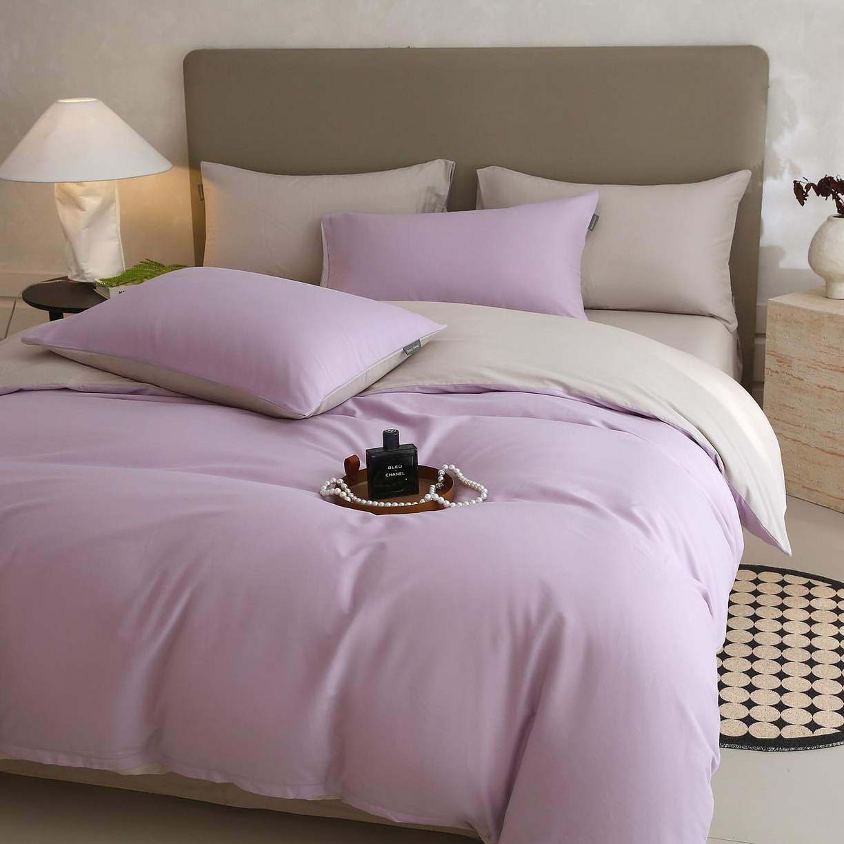 91家纺网 家纺一手货源 找家纺 梧桐树 2025新款纯色双拼100%棉磨毛全棉纯棉四件套 紫粟灰