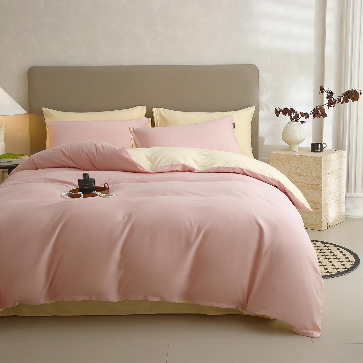 91家纺网 家纺一手货源 找家纺 梧桐树 2025新款纯色双拼100%棉磨毛全棉纯棉四件套 樱雪黄