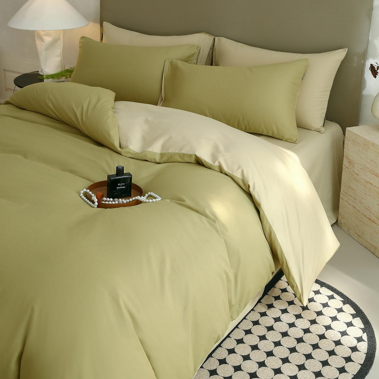 91家纺网 家纺一手货源 找家纺 梧桐树 2025新款纯色双拼100%棉磨毛全棉纯棉四件套 抹茶海盐