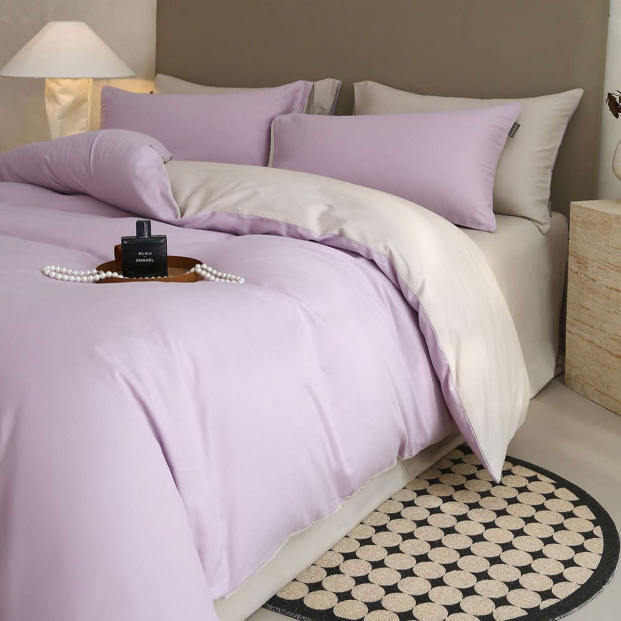 91家纺网 家纺一手货源 找家纺 梧桐树 2025新款纯色双拼100%棉磨毛全棉纯棉四件套 紫粟灰