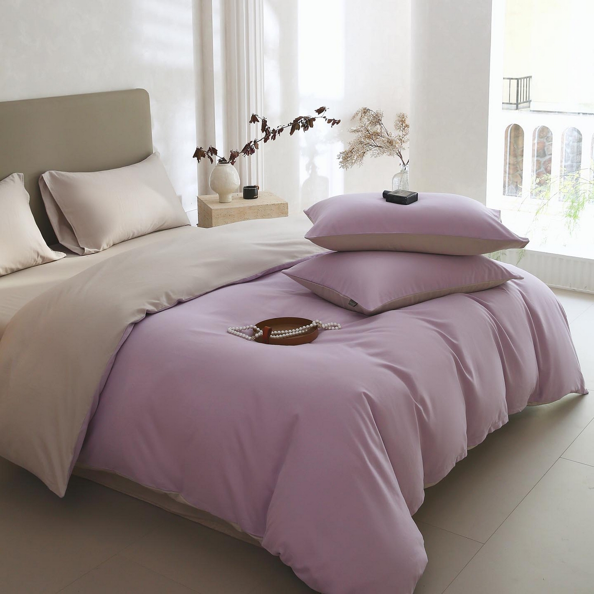 91家纺网 家纺一手货源 找家纺 梧桐树 2025新款纯色双拼100%棉磨毛全棉纯棉四件套 紫粟灰