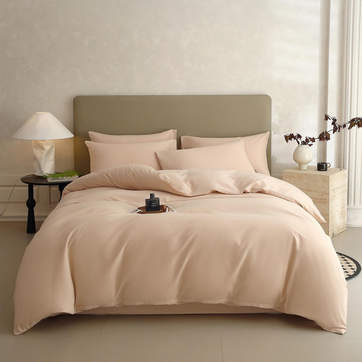 91家纺网 家纺一手货源 找家纺 梧桐树 2025新款纯色双拼100%棉磨毛全棉纯棉四件套 山茶杏