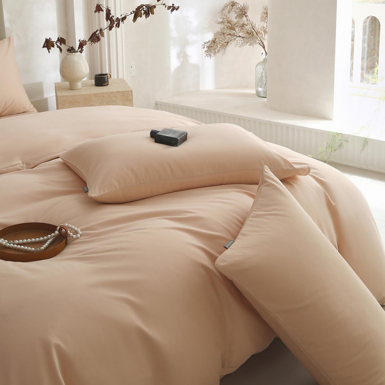 91家纺网 家纺一手货源 找家纺 梧桐树 2025新款纯色双拼100%棉磨毛全棉纯棉四件套 山茶杏