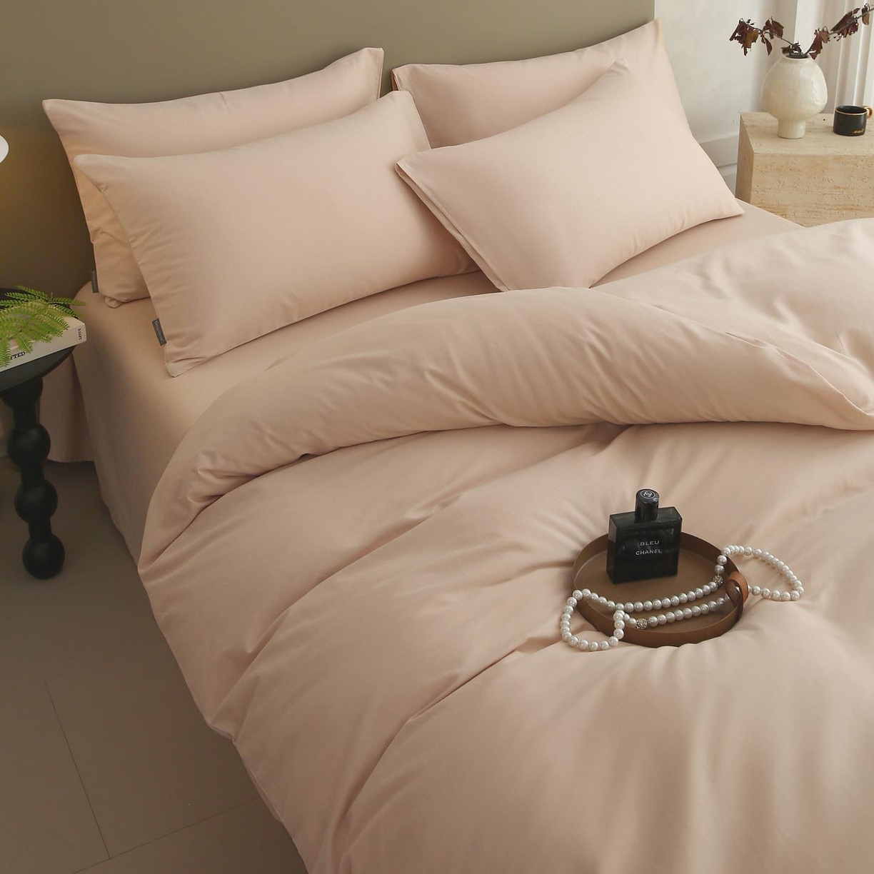 91家纺网 家纺一手货源 找家纺 梧桐树 2025新款纯色双拼100%棉磨毛全棉纯棉四件套 山茶杏