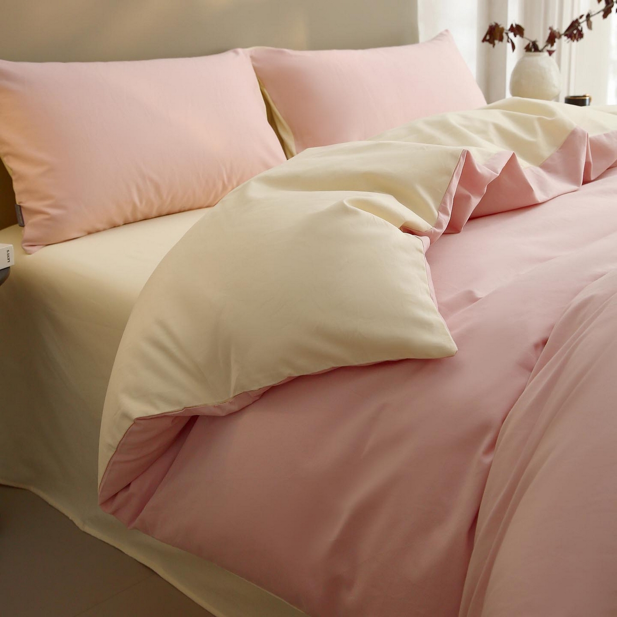 91家纺网 家纺一手货源 找家纺 梧桐树 2025新款纯色双拼100%棉磨毛全棉纯棉四件套 樱雪黄