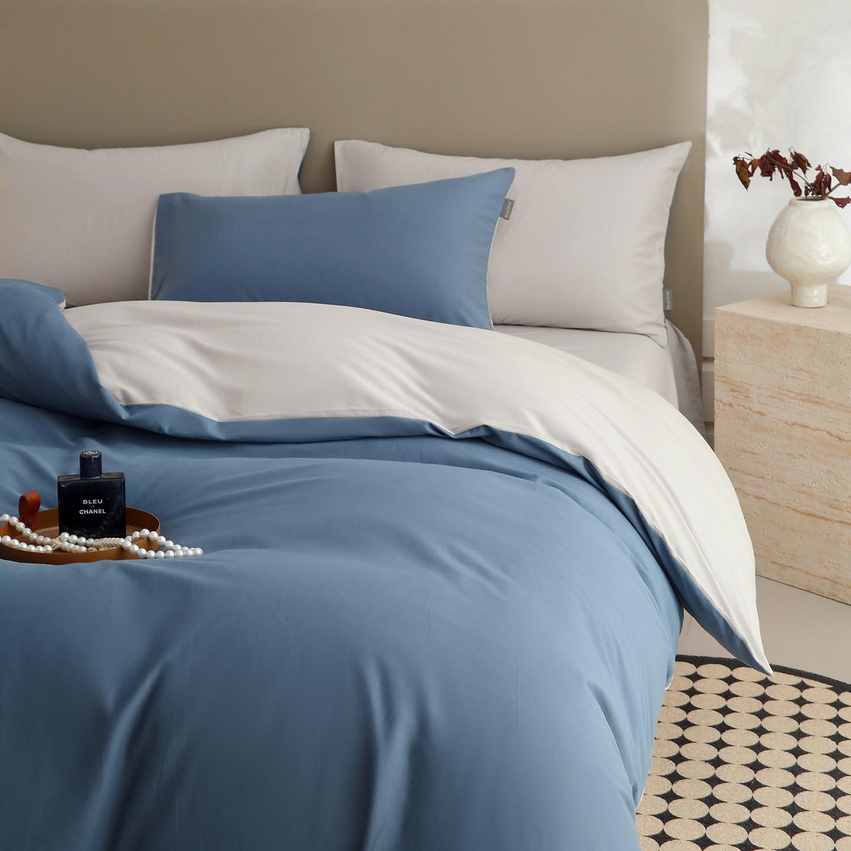 91家纺网 家纺一手货源 找家纺 梧桐树 2025新款纯色双拼100%棉磨毛全棉纯棉四件套 蓝韵雾纱