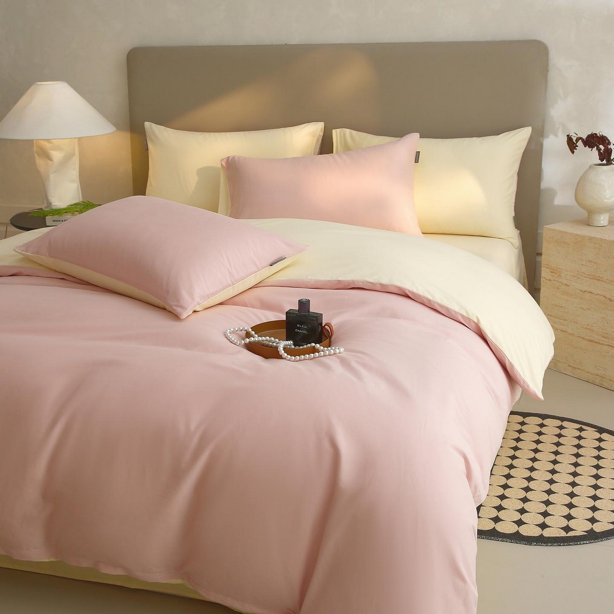 91家纺网 家纺一手货源 找家纺 梧桐树 2025新款纯色双拼100%棉磨毛全棉纯棉四件套 樱雪黄