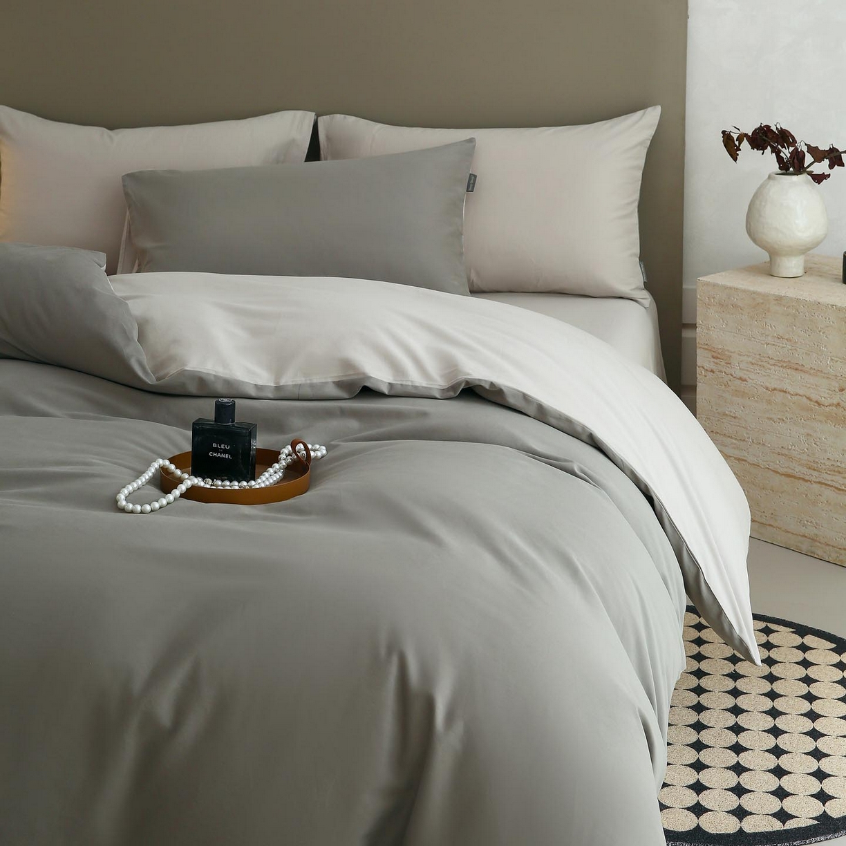 91家纺网 家纺一手货源 找家纺 梧桐树 2025新款纯色双拼100%棉磨毛全棉纯棉四件套 烟墨灰