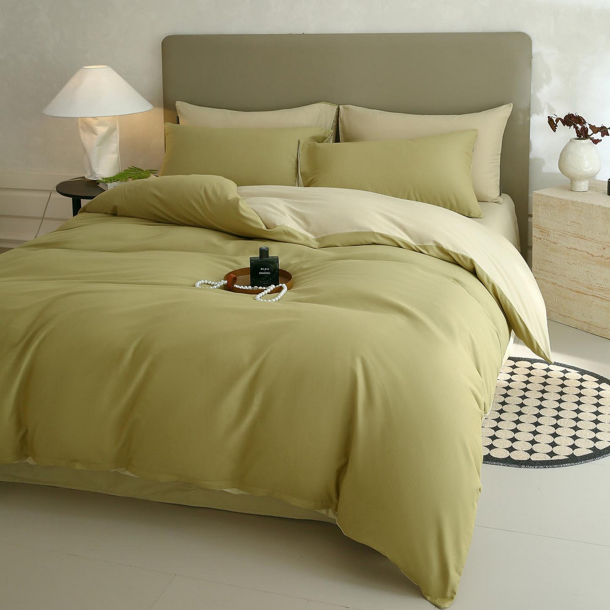 91家纺网 家纺一手货源 找家纺 梧桐树 2025新款纯色双拼100%棉磨毛全棉纯棉四件套 抹茶海盐