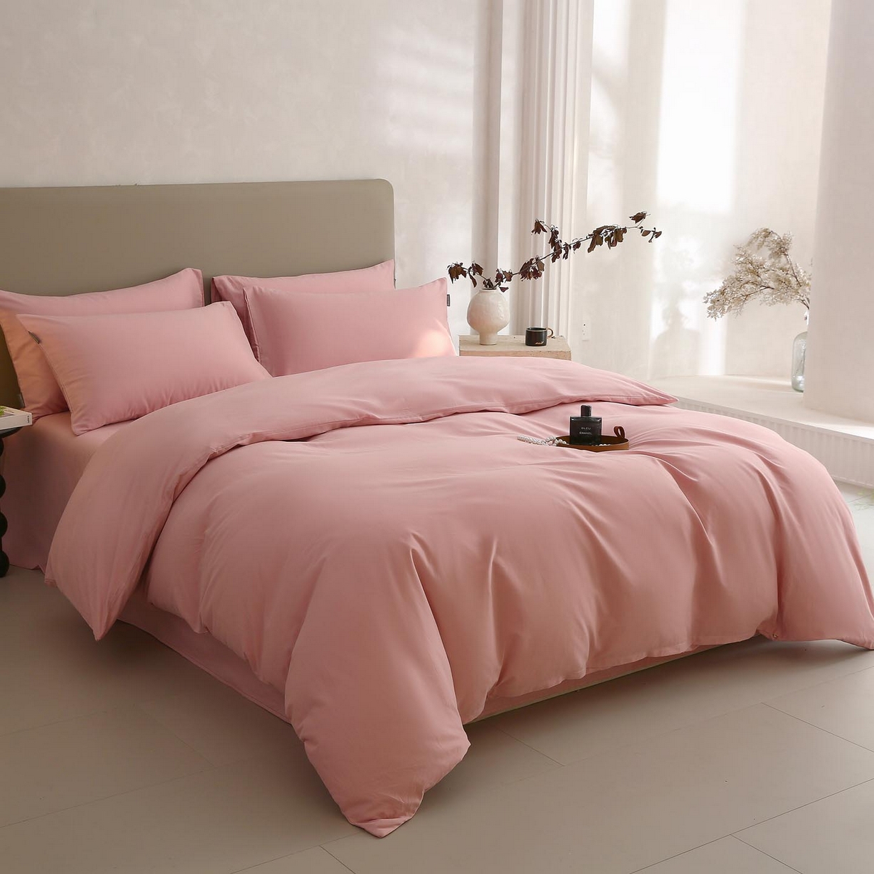 91家纺网 家纺一手货源 找家纺 梧桐树 2025新款纯色双拼100%棉磨毛全棉纯棉四件套 暮砂粉