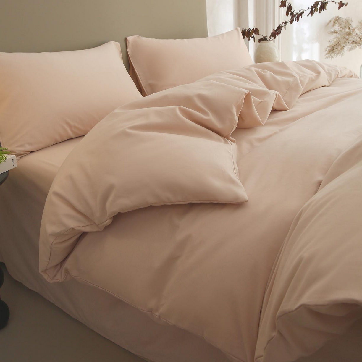 91家纺网 家纺一手货源 找家纺 梧桐树 2025新款纯色双拼100%棉磨毛全棉纯棉四件套 山茶杏