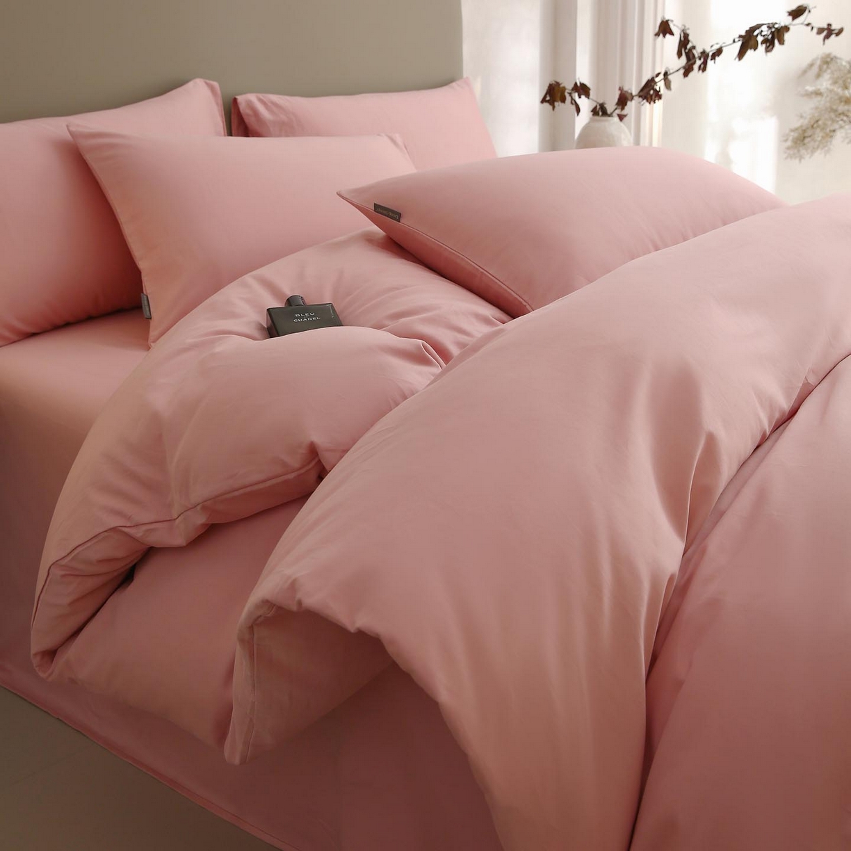 91家纺网 家纺一手货源 找家纺 梧桐树 2025新款纯色双拼100%棉磨毛全棉纯棉四件套 暮砂粉