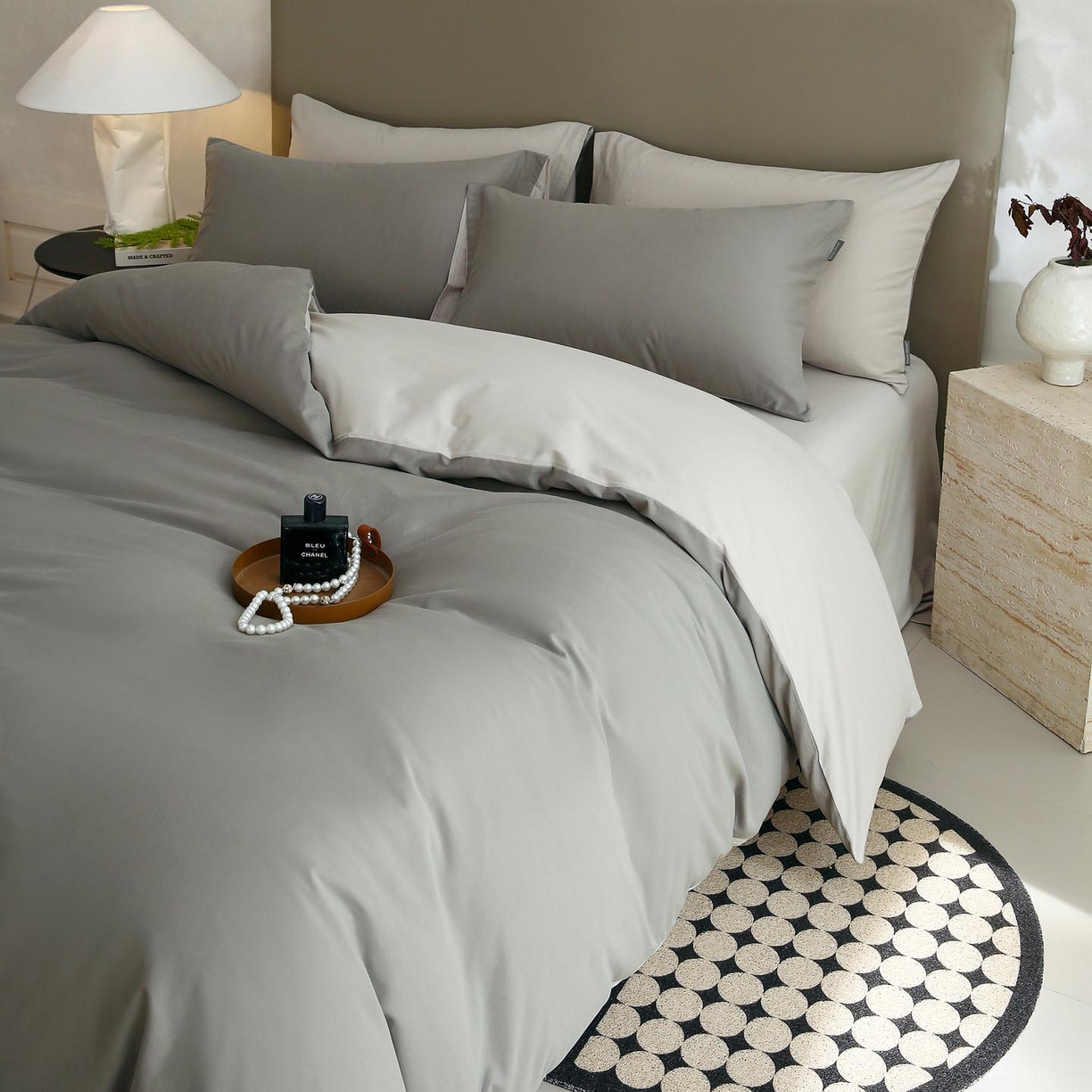 91家纺网 家纺一手货源 找家纺 梧桐树 2025新款纯色双拼100%棉磨毛全棉纯棉四件套 烟墨灰