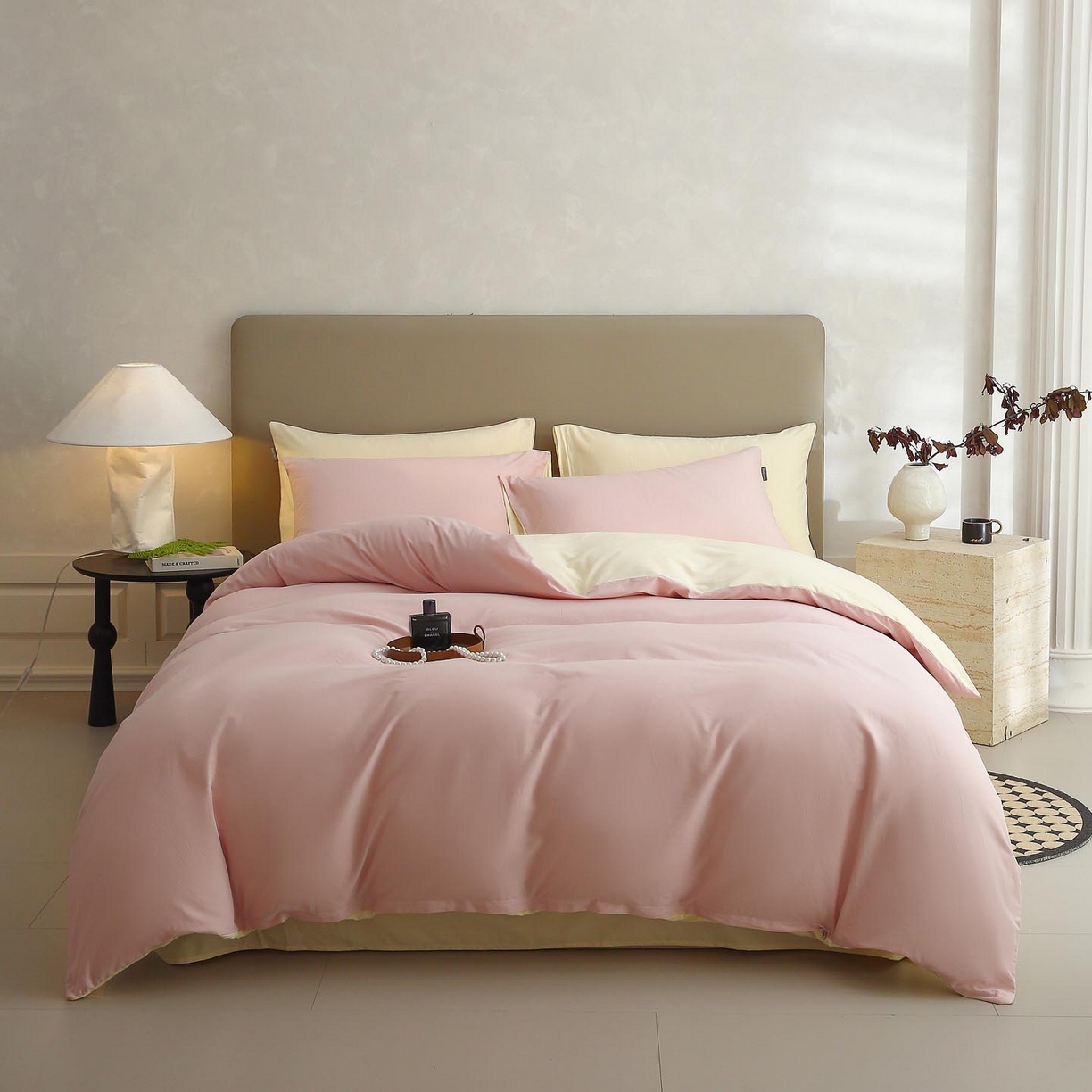 91家纺网 家纺一手货源 找家纺 梧桐树 2025新款纯色双拼100%棉磨毛全棉纯棉四件套 樱雪黄