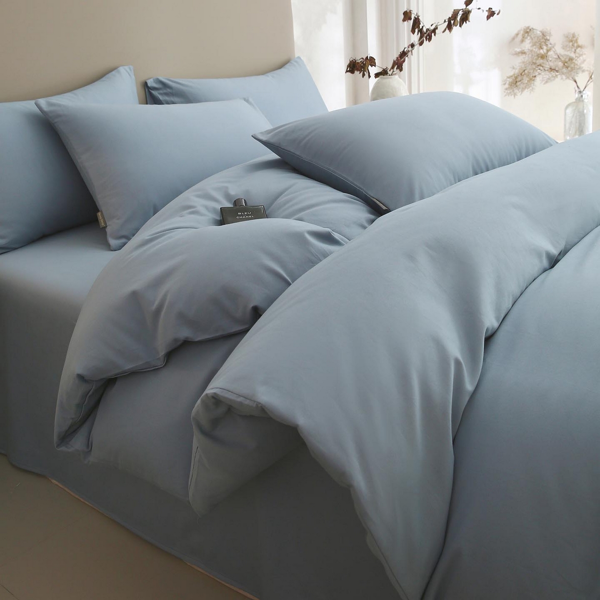 91家纺网 家纺一手货源 找家纺 梧桐树 2025新款纯色双拼100%棉磨毛全棉纯棉四件套 南极蓝