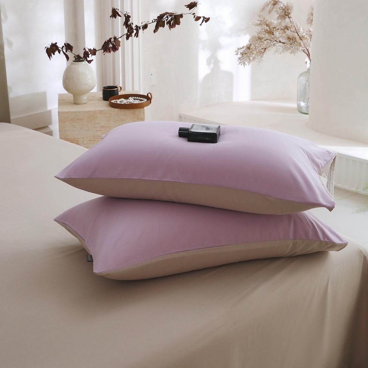 91家纺网 家纺一手货源 找家纺 梧桐树 2025新款纯色双拼100%棉磨毛全棉纯棉四件套 紫粟灰