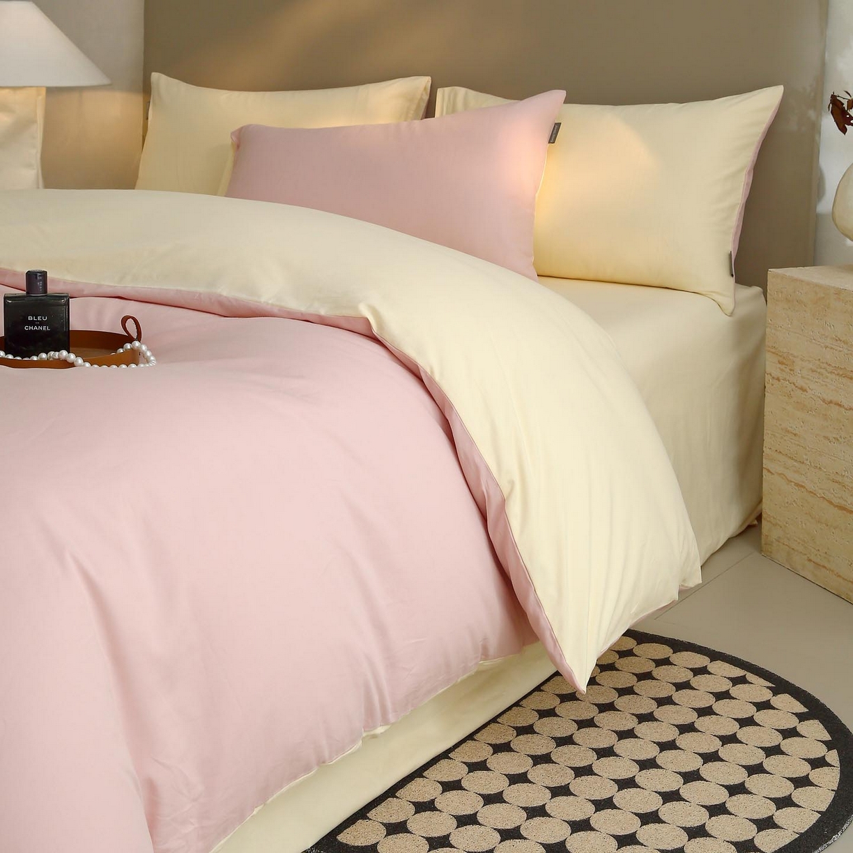 91家纺网 家纺一手货源 找家纺 梧桐树 2025新款纯色双拼100%棉磨毛全棉纯棉四件套 樱雪黄