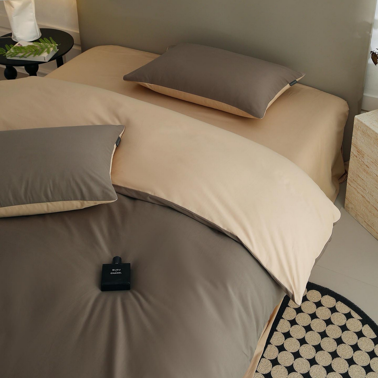 91家纺网 家纺一手货源 找家纺 梧桐树 2025新款纯色双拼100%棉磨毛全棉纯棉四件套 焦糖曲奇