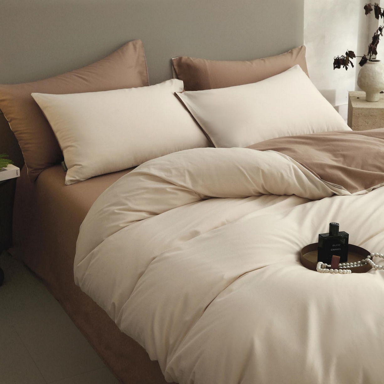 91家纺网 家纺一手货源 找家纺 梧桐树 2025新款纯色双拼100%棉磨毛全棉纯棉四件套 云纱可可