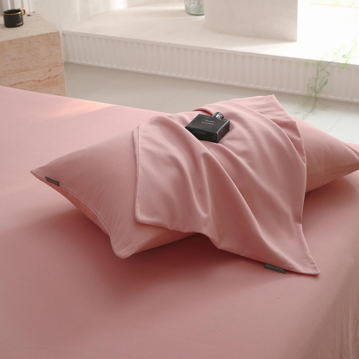 91家纺网 家纺一手货源 找家纺 梧桐树 2025新款纯色双拼100%棉磨毛全棉纯棉四件套 暮砂粉