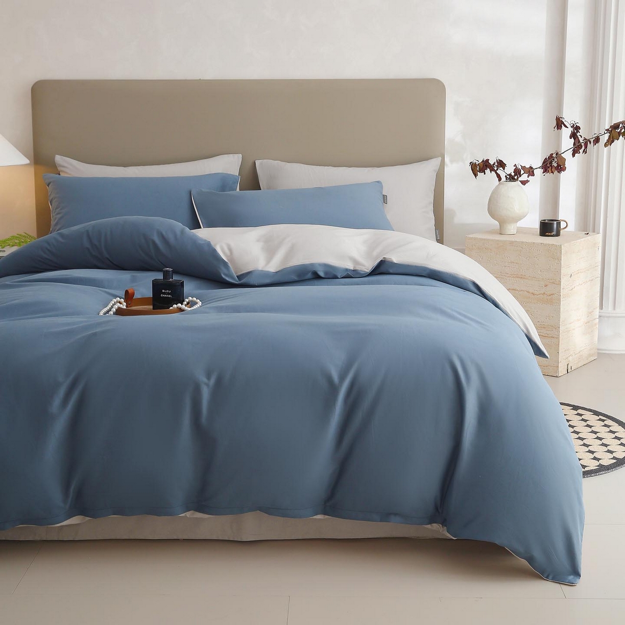 91家纺网 家纺一手货源 找家纺 梧桐树 2025新款纯色双拼100%棉磨毛全棉纯棉四件套 蓝韵雾纱