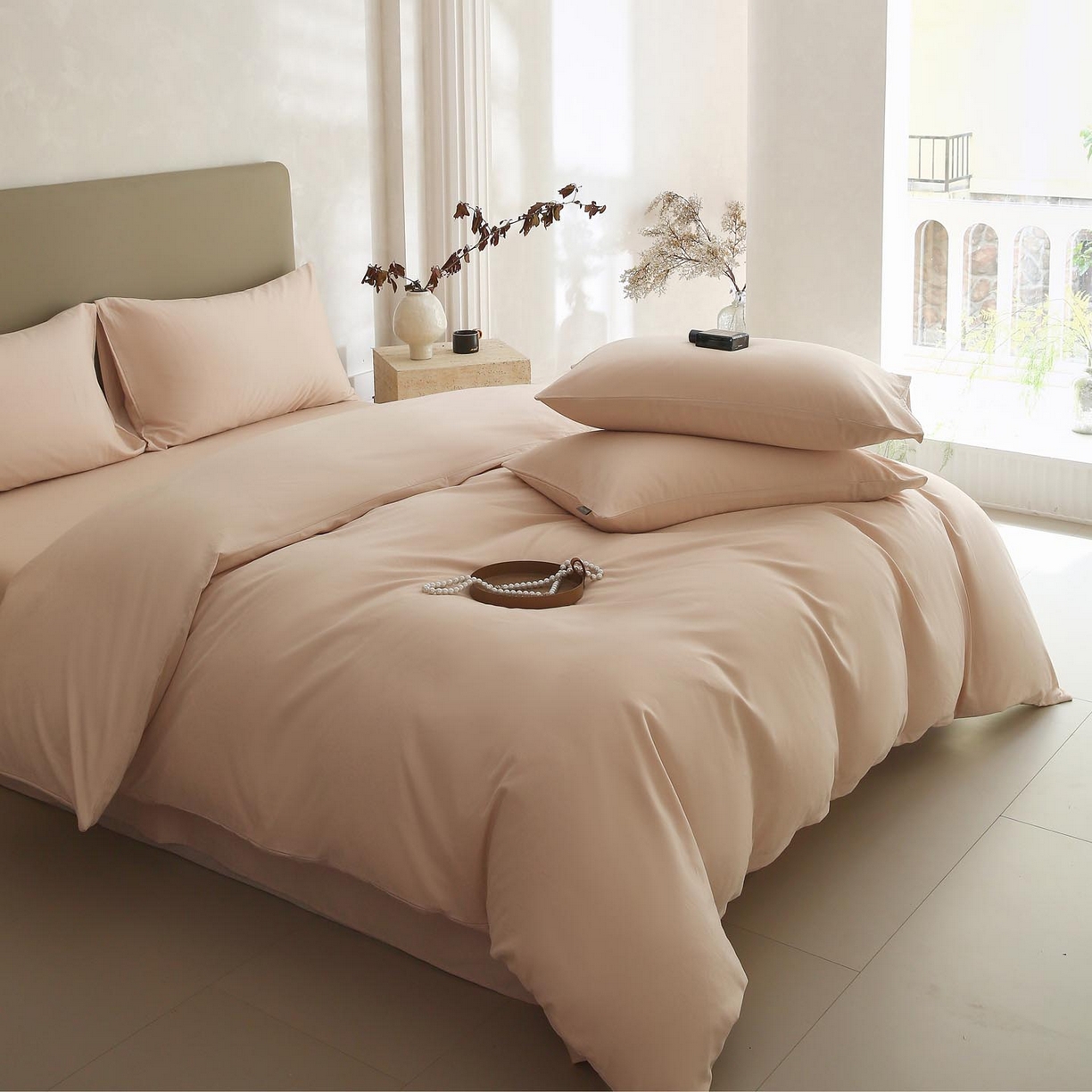 91家纺网 家纺一手货源 找家纺 梧桐树 2025新款纯色双拼100%棉磨毛全棉纯棉四件套 山茶杏