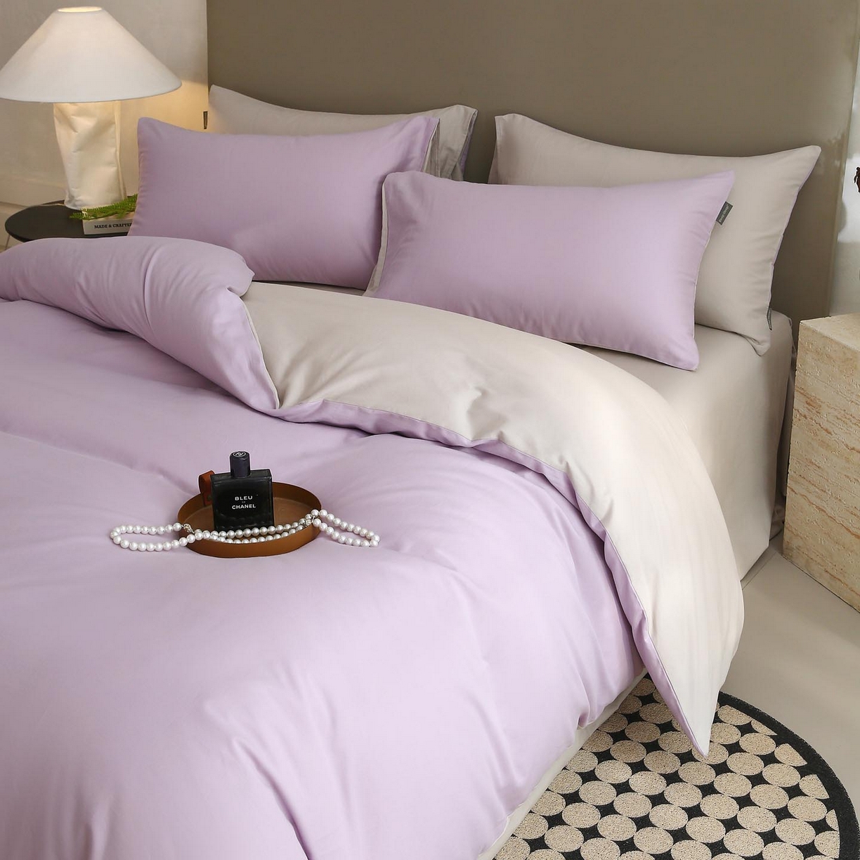 91家纺网 家纺一手货源 找家纺 梧桐树 2025新款纯色双拼100%棉磨毛全棉纯棉四件套 紫粟灰