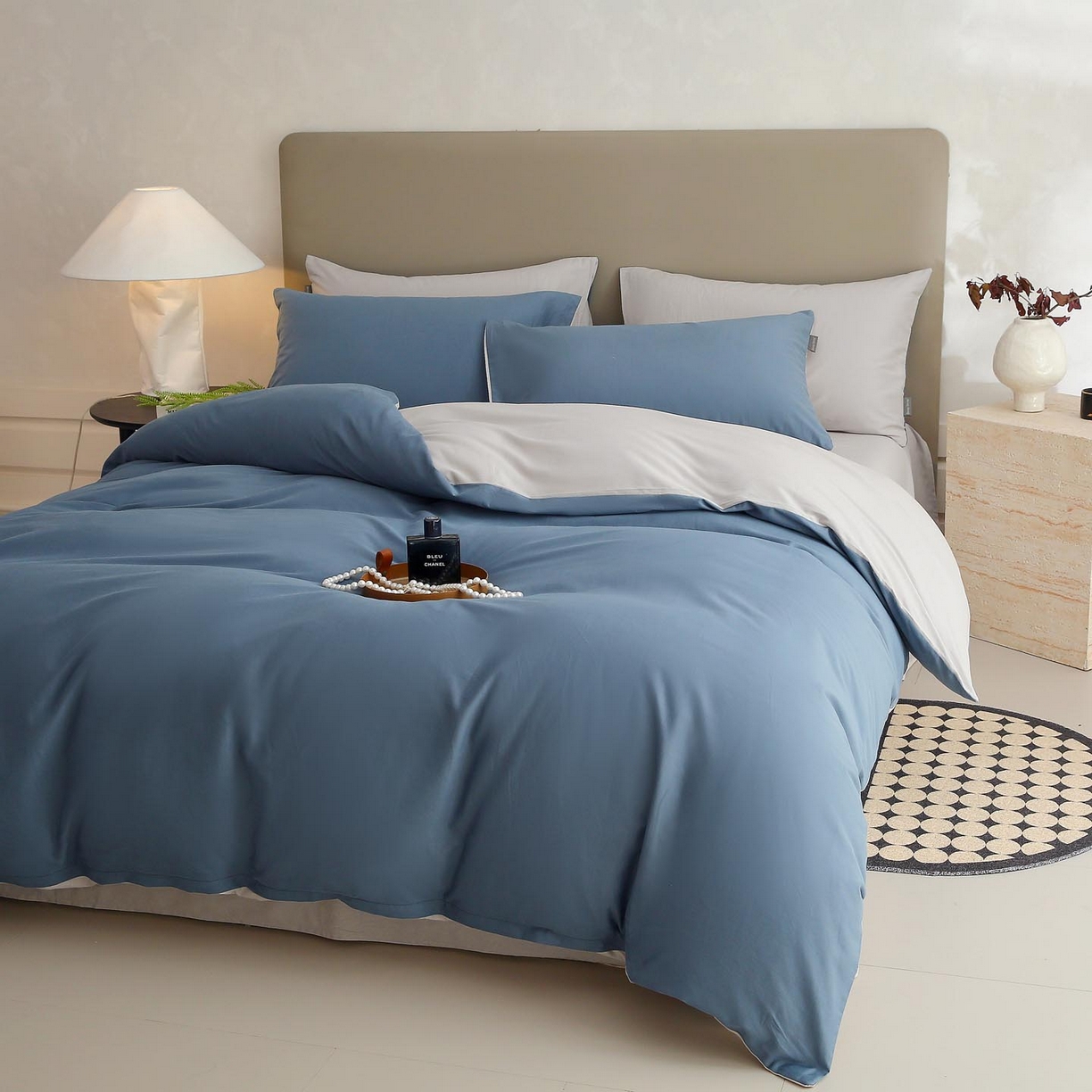 91家纺网 家纺一手货源 找家纺 梧桐树 2025新款纯色双拼100%棉磨毛全棉纯棉四件套 蓝韵雾纱