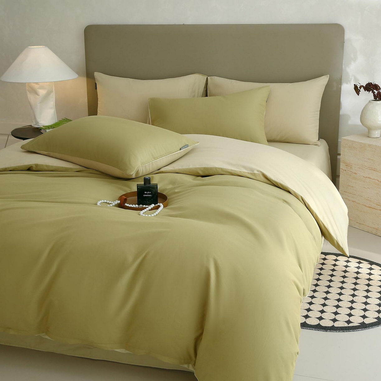 91家纺网 家纺一手货源 找家纺 梧桐树 2025新款纯色双拼100%棉磨毛全棉纯棉四件套 抹茶海盐