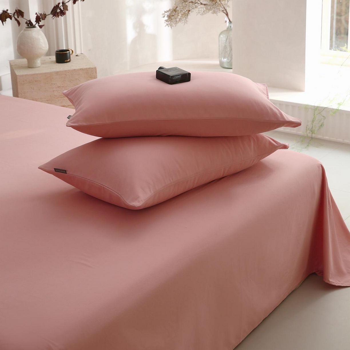 91家纺网 家纺一手货源 找家纺 梧桐树 2025新款纯色双拼100%棉磨毛全棉纯棉四件套 暮砂粉