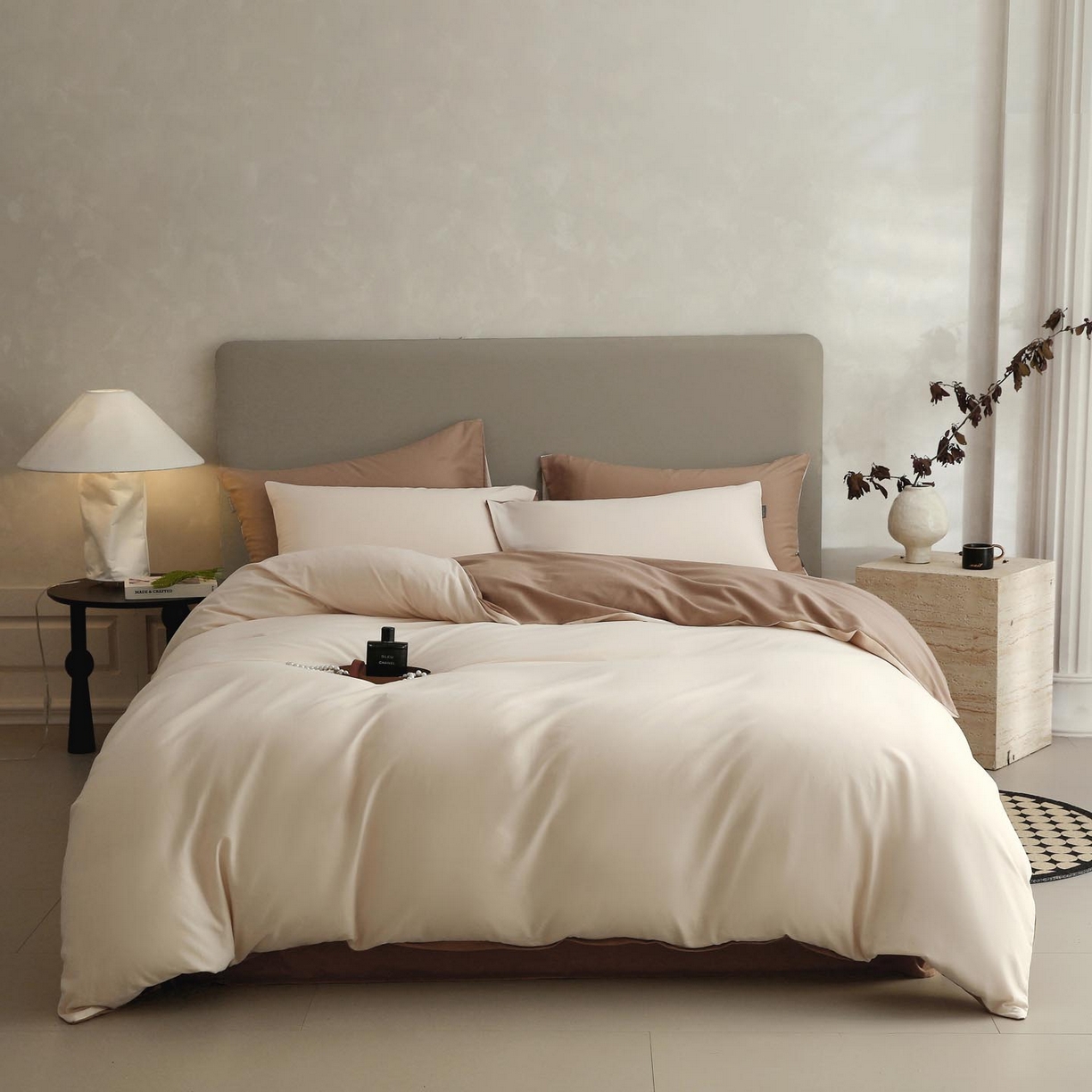 91家纺网 家纺一手货源 找家纺 梧桐树 2025新款纯色双拼100%棉磨毛全棉纯棉四件套 云纱可可