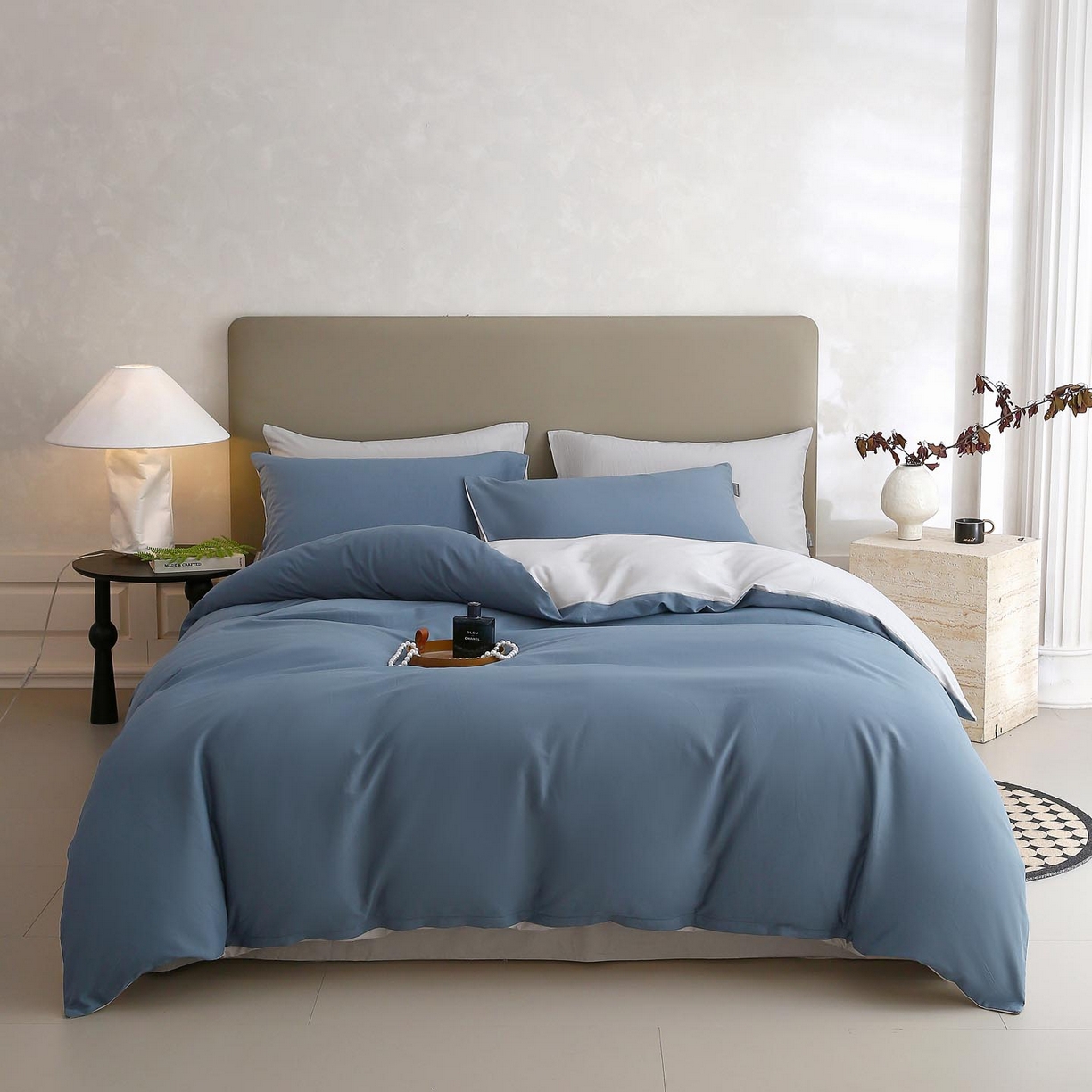 91家纺网 家纺一手货源 找家纺 梧桐树 2025新款纯色双拼100%棉磨毛全棉纯棉四件套 蓝韵雾纱