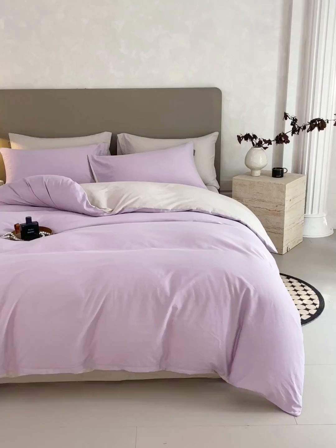 91家纺网 家纺一手货源 找家纺 梧桐树 2025新款纯色双拼100%棉磨毛全棉纯棉四件套 紫粟灰