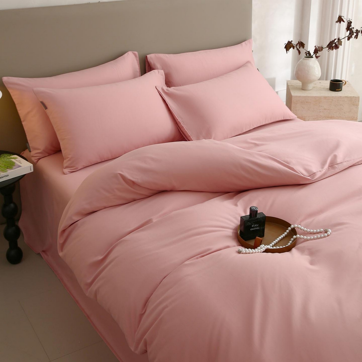 91家纺网 家纺一手货源 找家纺 梧桐树 2025新款纯色双拼100%棉磨毛全棉纯棉四件套 暮砂粉