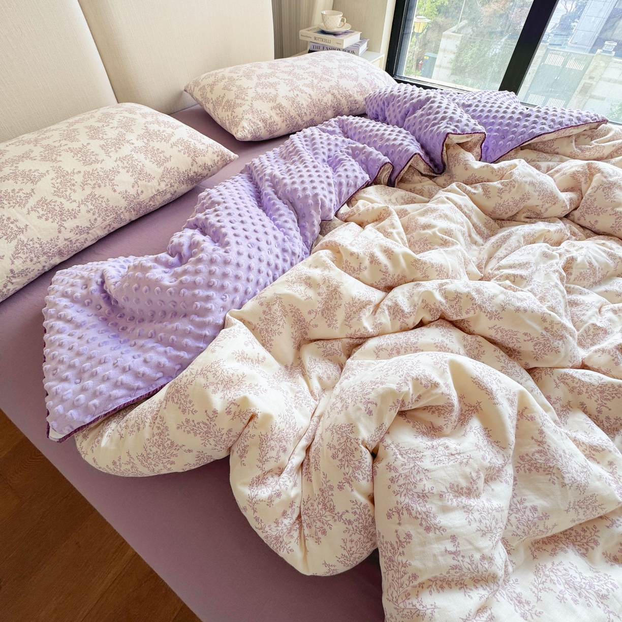 91家纺网 家纺一手货源 找家纺 8+8 2025新款全棉双层纱豆豆被被子被芯春秋被冬被 紫萱