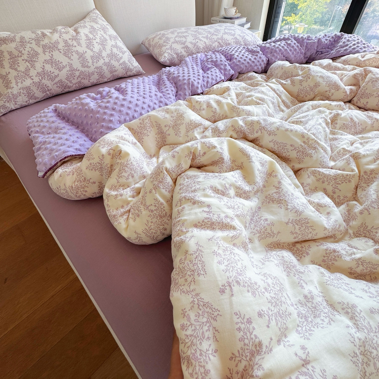 91家纺网 家纺一手货源 找家纺 8+8 2025新款全棉双层纱豆豆被被子被芯春秋被冬被 紫萱